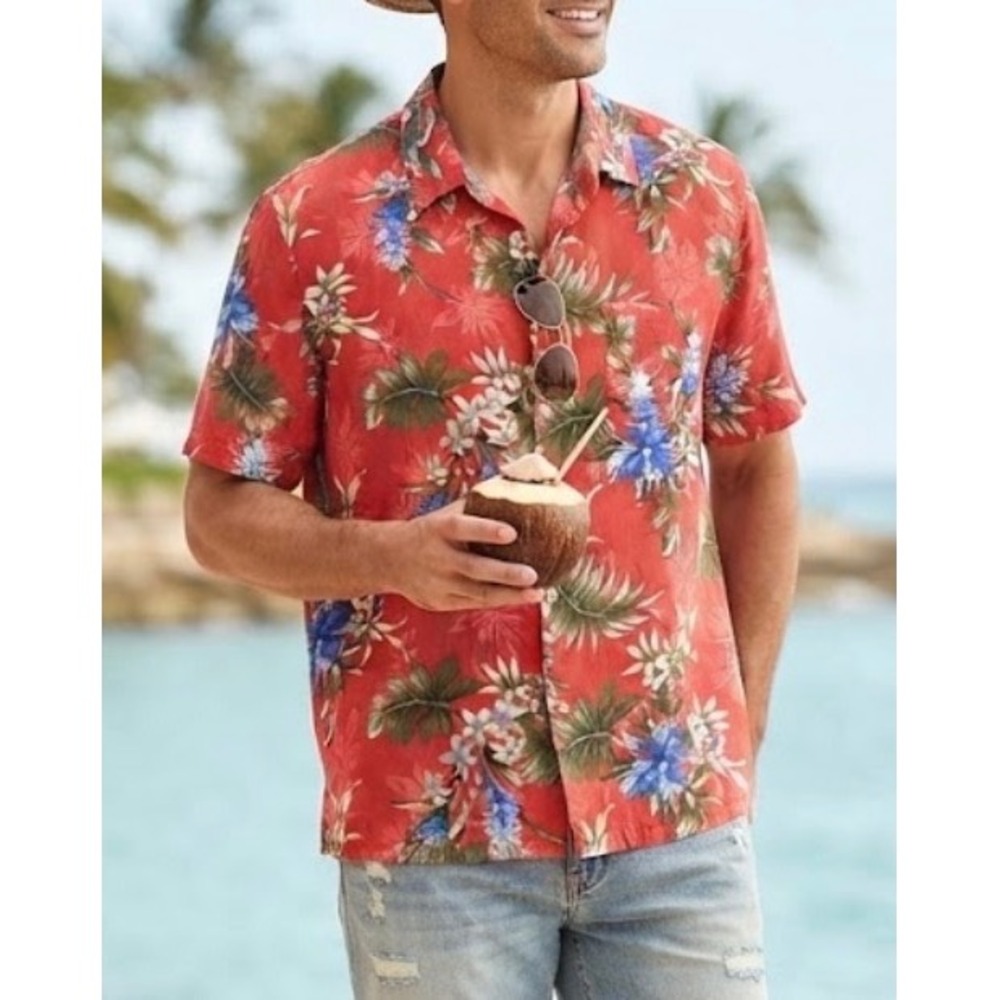 Tasso Elba Island Mens XL Red Silk Linen Tropical Floral Hawaiian Shirt S/S